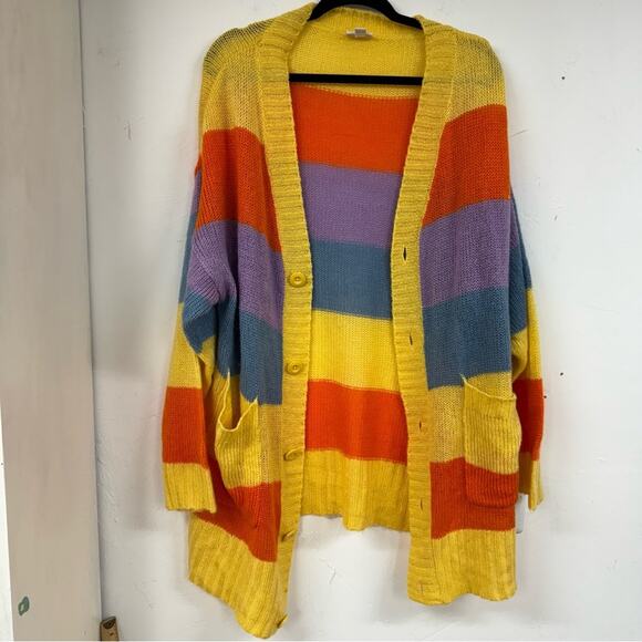 LulaRoe Orange & Purple Striped Duster Length Cardigan Sweater Womens L Fall - Picture 1 of 9
